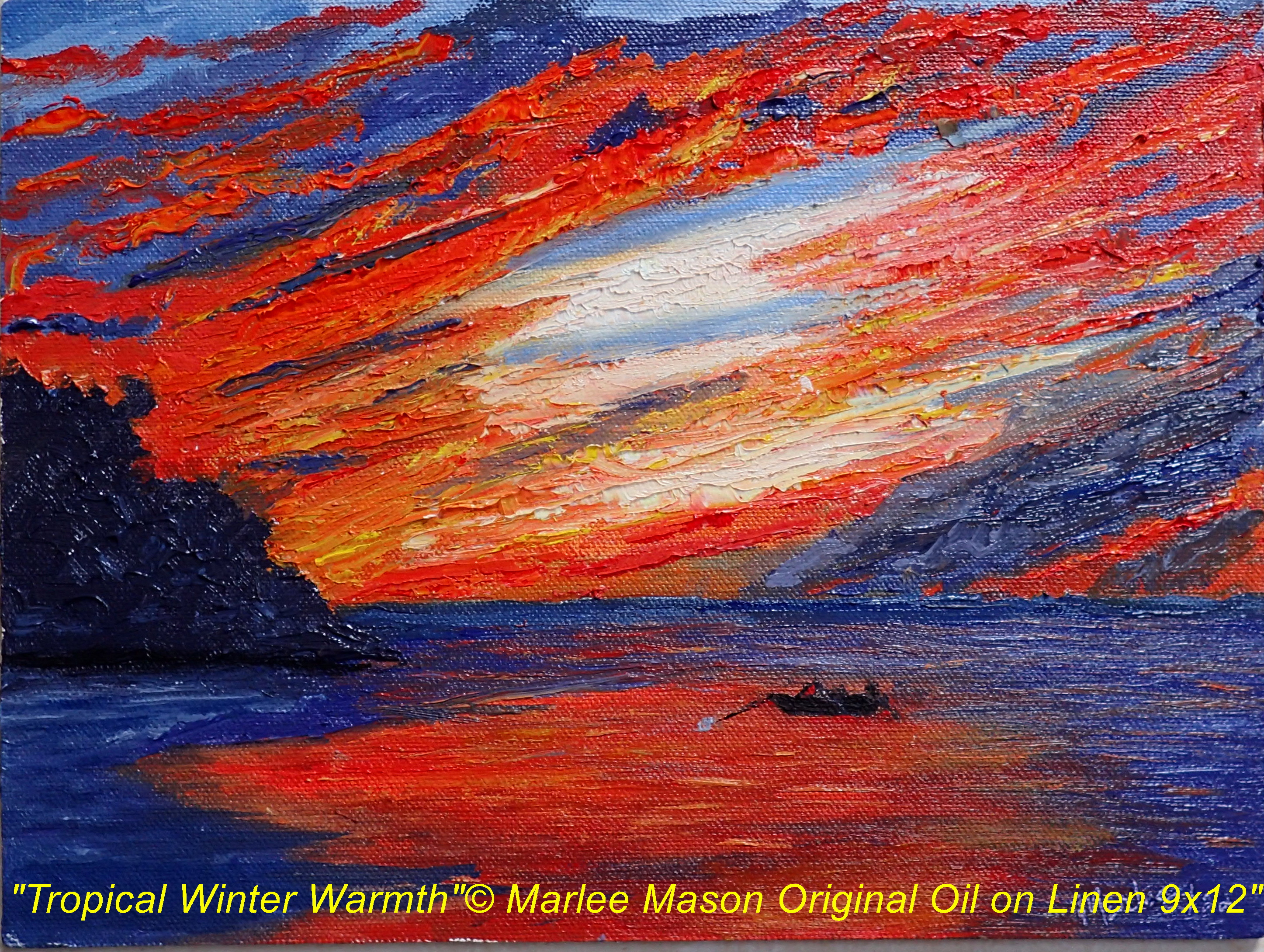 9x12 Original oil painting on canvas.   The season has multi coloured tropical sunrise and sunset magnificence seen over the water.  This is an early winter sunset from the western beach shore of my p